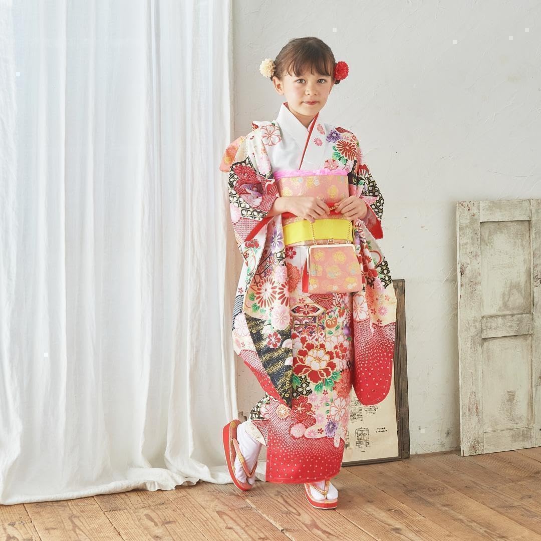 着物 七五三 7歳 女の子 13点 フルセット オレンジ グレージュ 格子 花